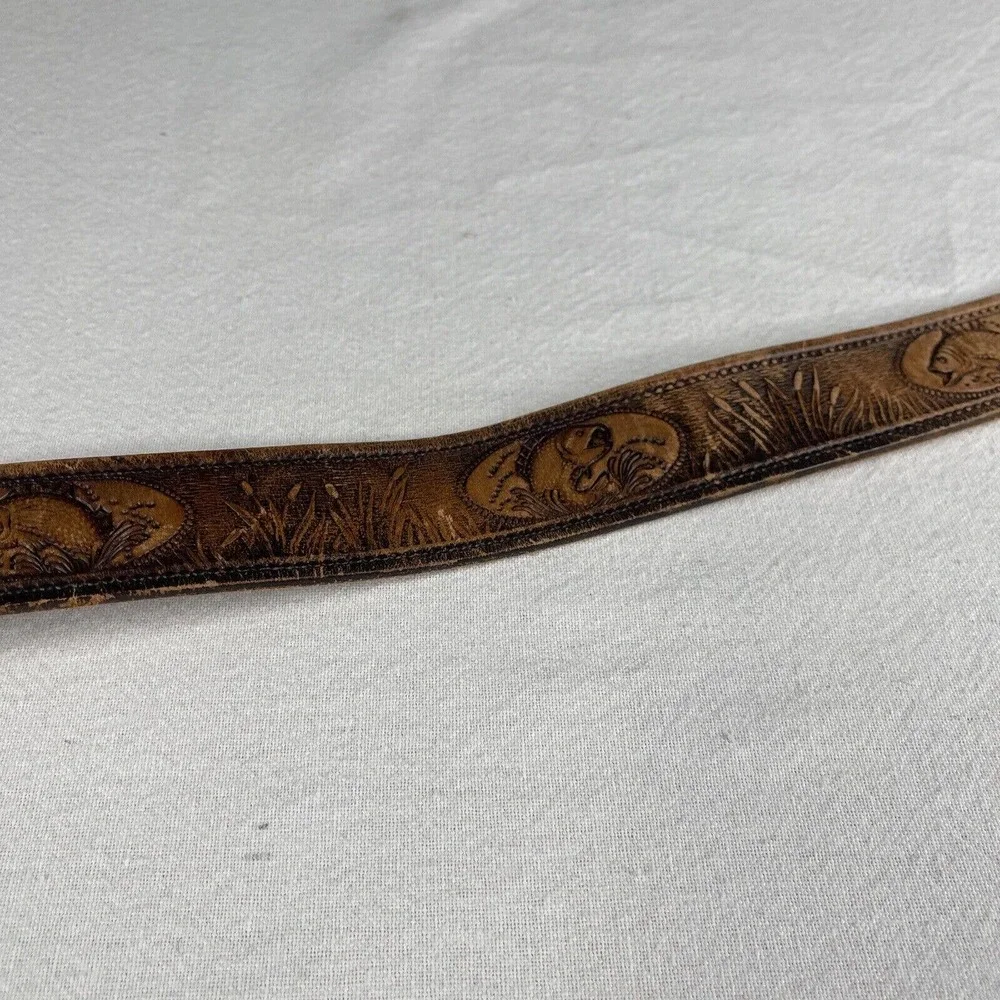 Engraved Leather Belt 44” Fishing Brown Fish Lakes Walleyes Northern ￼bass Pole